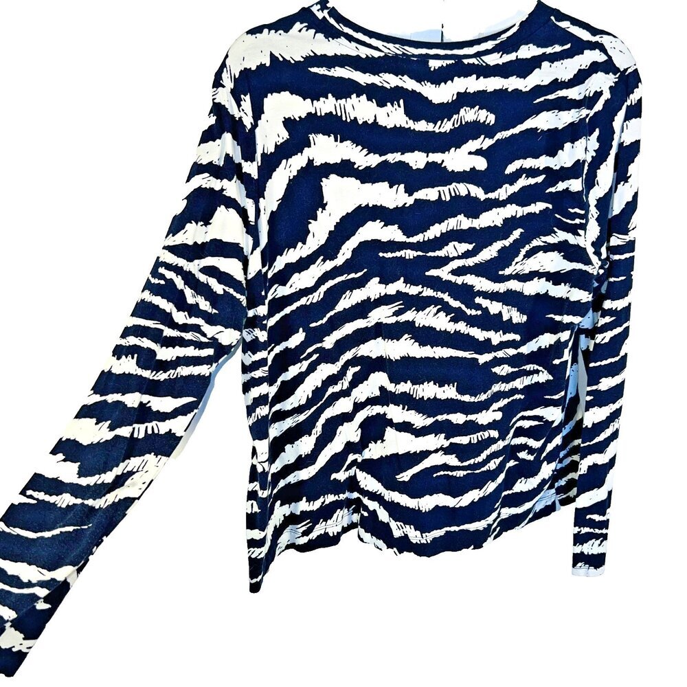 LOFT Shirt Blouse Womens XXL Navy White Abstract Tiger Print Long Sleeve Tee - Picture 8 of 12
